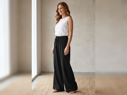 Wide-leg linen palazzo trousers - three-quarter side view