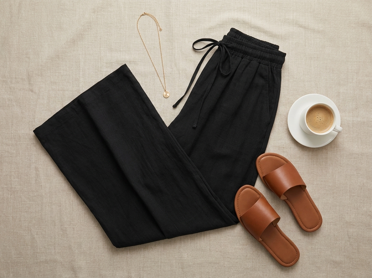 Wide-leg linen palazzo trousers - styled flat lay