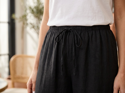 Wide-leg linen palazzo trousers - close-up fabric detail