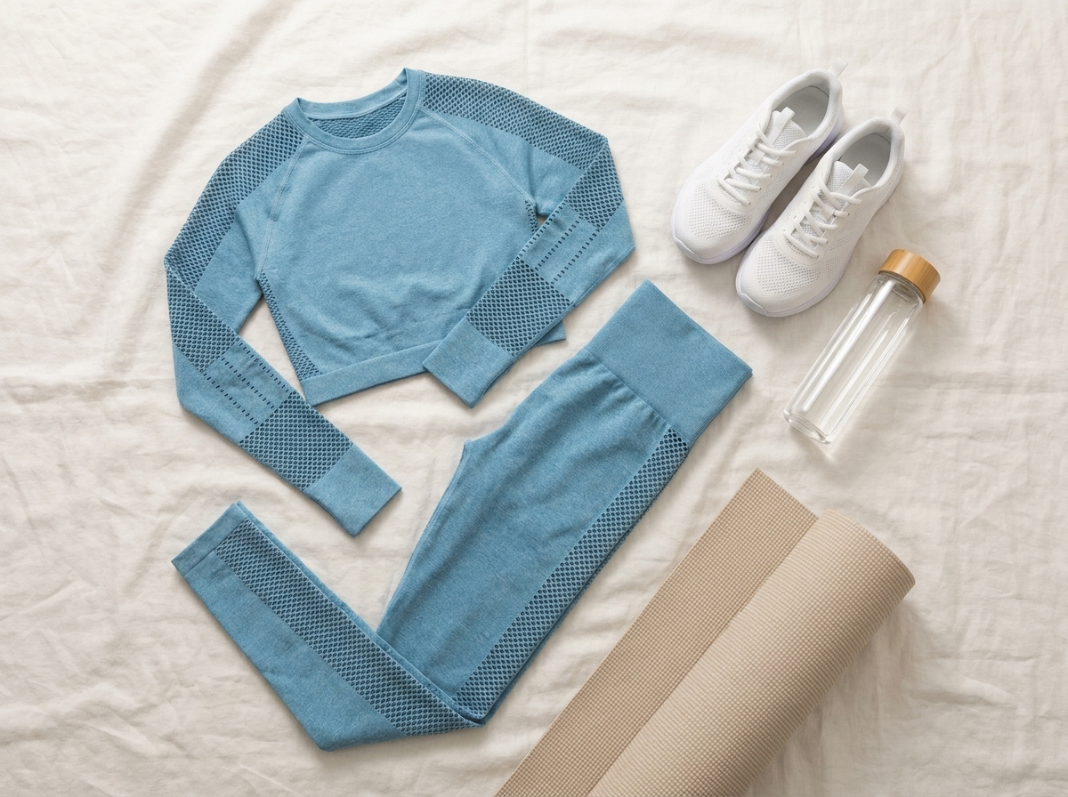 Seamless long-sleeve yoga set - styled flat lay