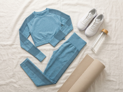 Seamless long-sleeve yoga set - styled flat lay