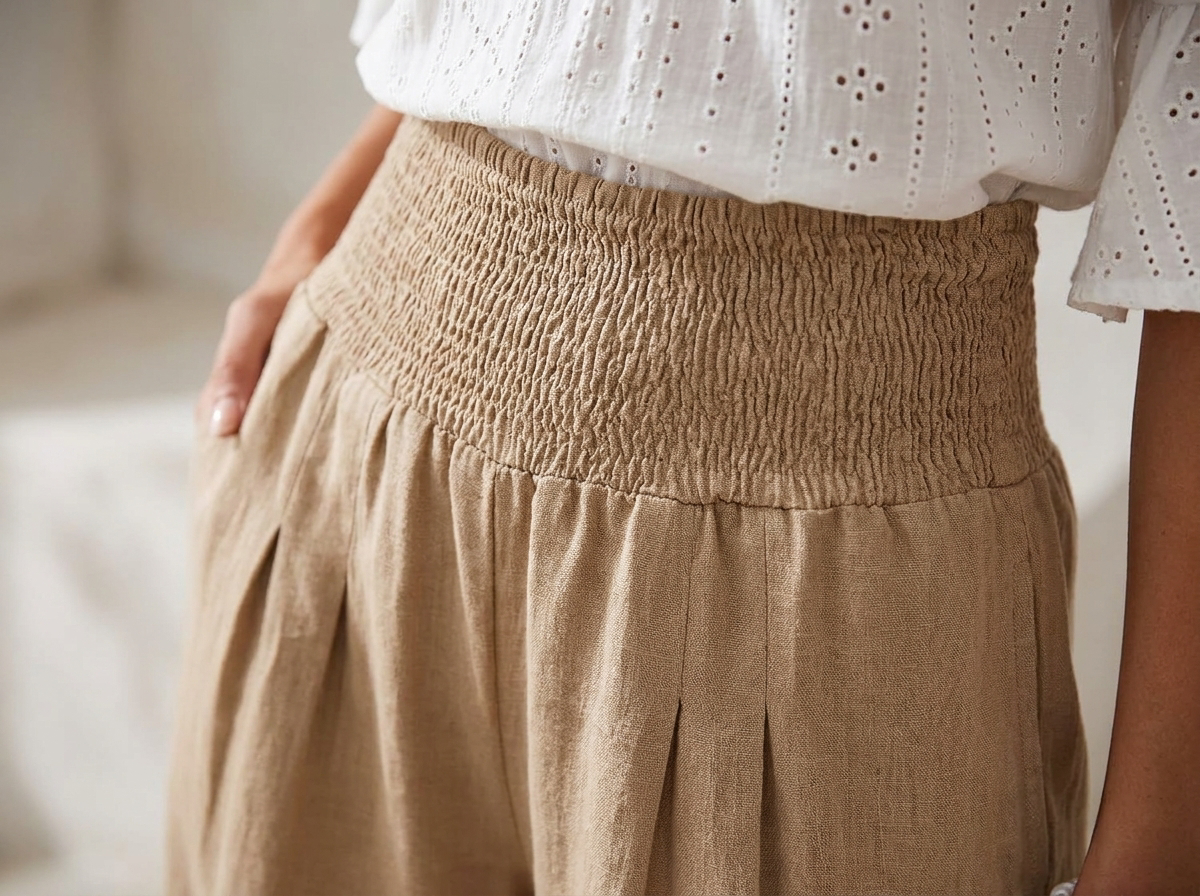 Smocked wide-leg linen trousers - close-up fabric detail