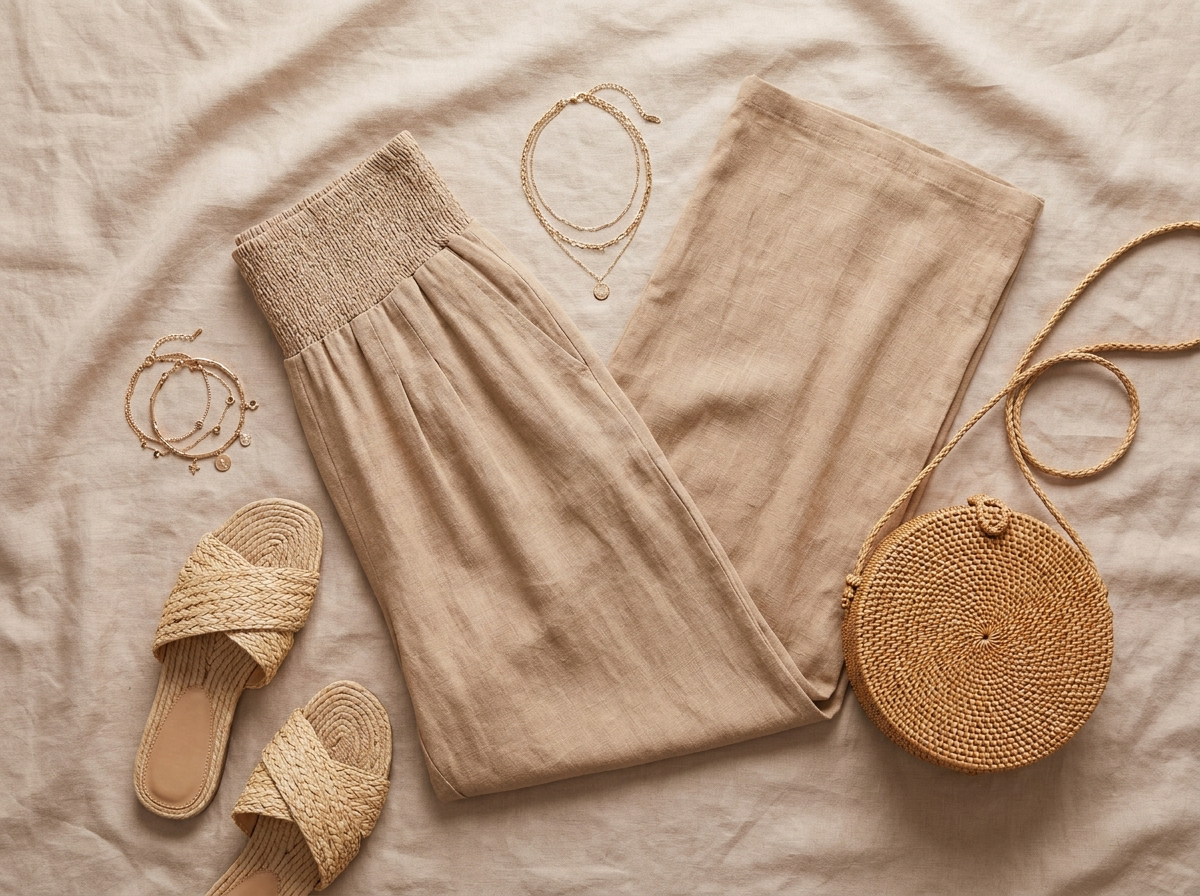 Smocked wide-leg linen trousers - styled flat lay
