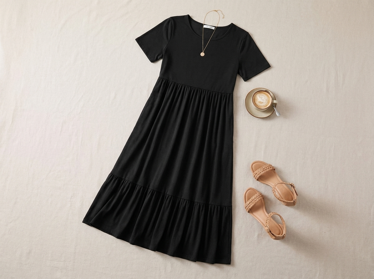 Tiered A-line midi dress - styled flat lay