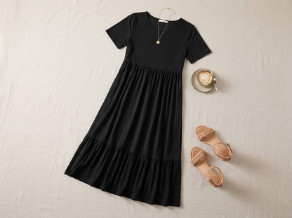 Tiered A-line midi dress - styled flat lay