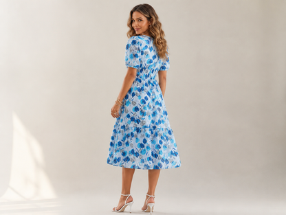 Smocked boho floral swing midi dress - back view