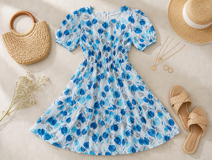 Smocked boho floral swing midi dress - styled flat lay